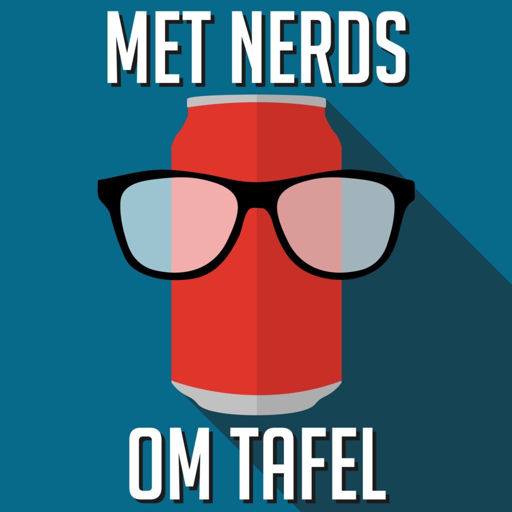 Logo van de podcast "Met Nerds om Tafel", met een rode frisdrankblik met een bril erop tegen een blauwe achtergrond. De titel staat in hoofdletters boven en onder het blik.