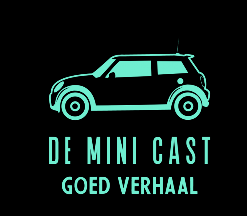 Logo van de minicast met daarop de titel in turkoois en een tekening van een mini op een zwarte achtergrond