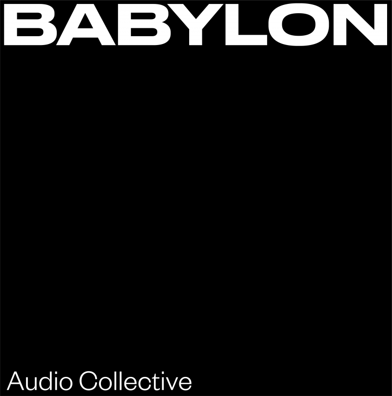 Artwork van Babylon audio collective. Een zwart vlak met in witte letters bovenaan BABYLON en onderaan Audio Collective