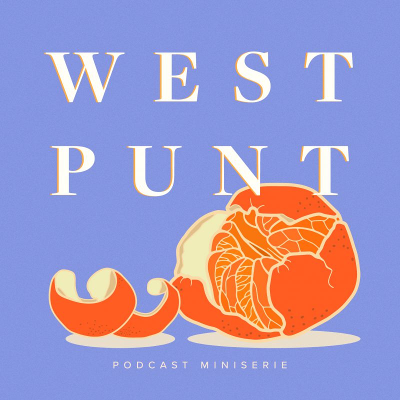 Podcast artwork van Westpunt. Lila achtergrond met witte titel, je ziet een getekende gepelde mandarijn op de voorgrond