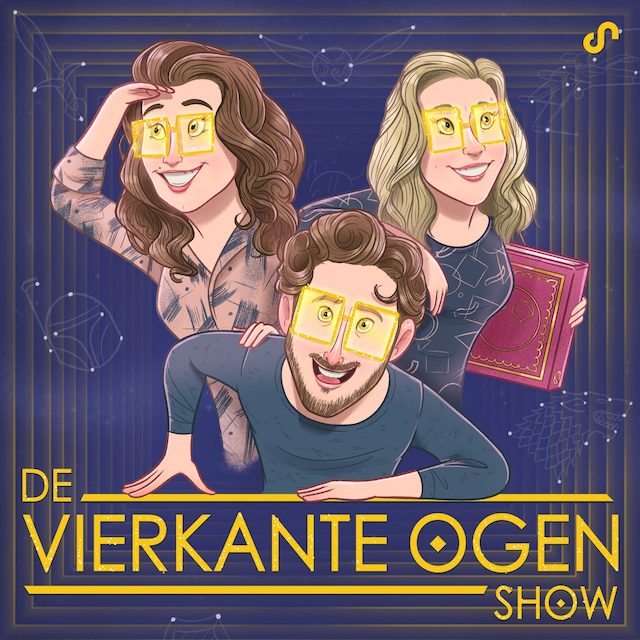 podcast artwork vierkante ogen show. Je ziet een brunette, blond meisje en een jongen met bruin gekruld haar zoals op een filmposter. Ze hebben allemaal een gele ‘vierkante’ bril op. De titel staat onderaan in goud, de achtergond is blauw. Het meisje rechts houdt een boek vast.