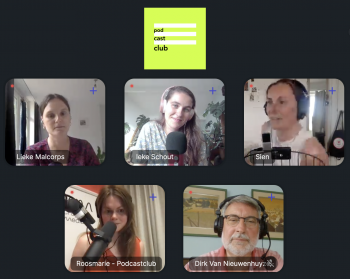screenshot van Riverside omgeving, je ziet Lieke, Ineke, Sien, Dirk, Roosmarie en Ieke allemaal in hun eigen vakje. Bovenaan het logo van de Podcastclub