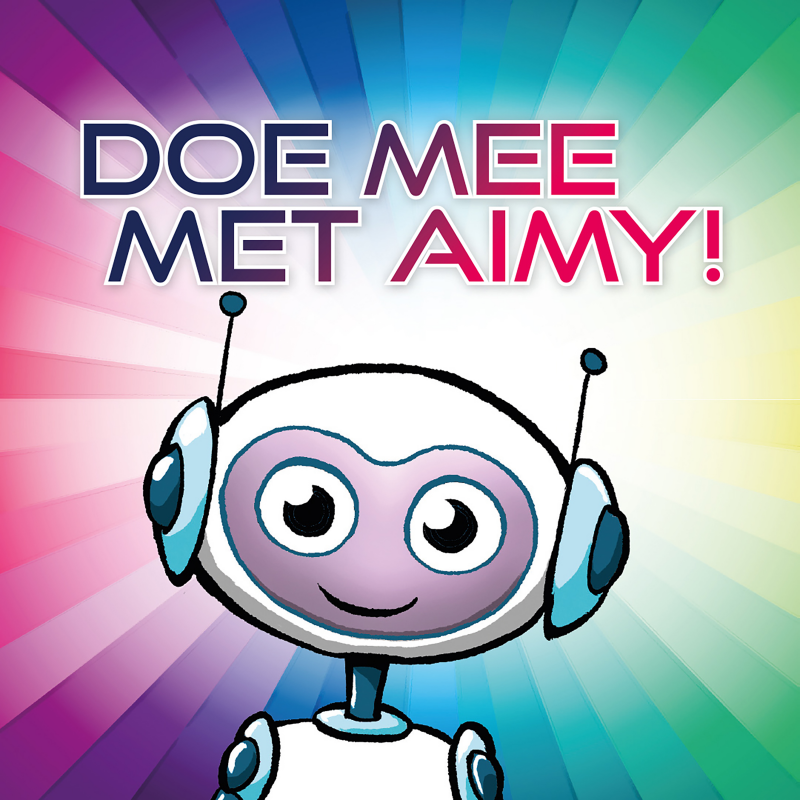 Tegen een kleurige achtergrond zie je een getekend robotje met grote oren en ogen en de titel Doe mee met aimy