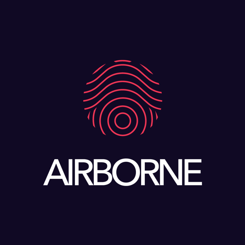 logo van Airborne. Tegen een donkerblauwe achtergrond zie je een getekende vingerafdruk in rozerood. Daaronder in witte letters AIRBORNE