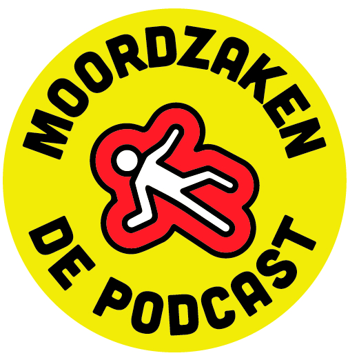 artwork van de Moordzaken podcast. Tegen een gele achtergrond zie je een illustratie van een getekend poppetje met bloed er omheen. De titel staat er omheen in zwart