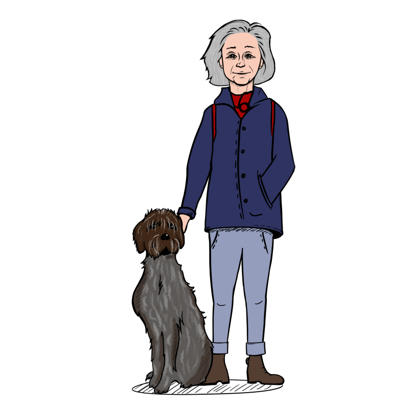 Artwork van de oma guus podcast. Je ziet een tekening van een oma, een oude vrouw met grijs haar, en haar zwarte hond.