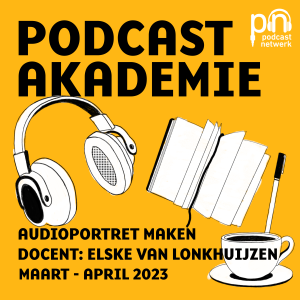 Gele achtergrond met daarop de tekst 'audioportret maken, docent Elske van Lonkhujzen en maart april 2023' 