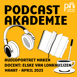 Gele achtergrond met daarop de tekst 'audioportret maken, docent Elske van Lonkhujzen en maart april 2023'