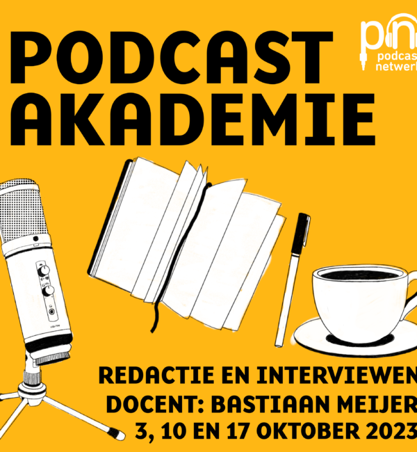 Gele achtergrond met de tekst beschreven: redactie en interviewen, docent Bastiaan Meijer. Ter illustratie een microfoon, notitieboek en kopje koffie.
