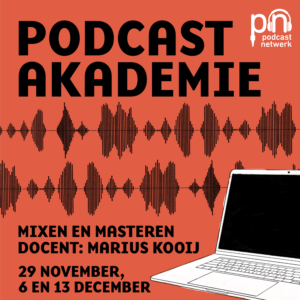 Rode achtergrond met audiowaves en cursustekst: mixen en masteren, docent Marius Kooij