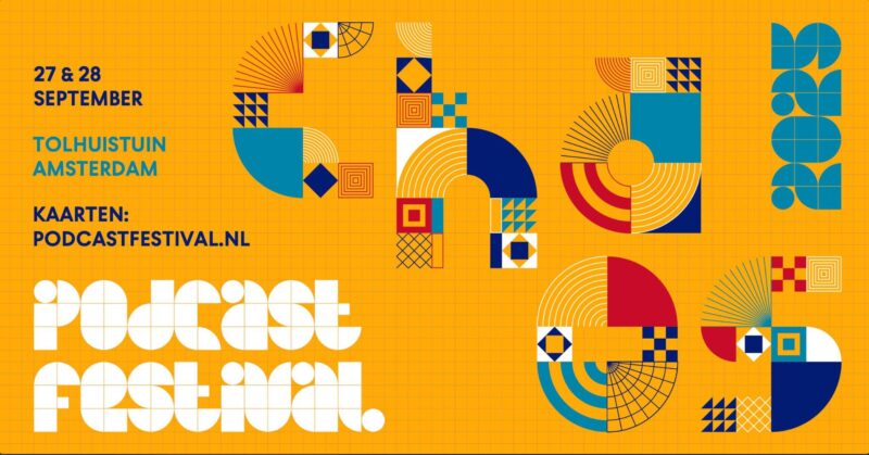 Artwork van het Podcastfestival, gele rasterachtergrond met de letters chaos die kleurrijk zijn ingekleurd. De tekst op de afbeelding is: 27 & 28 september, Tolhuistuin Amsterdam, Kaarten: podcastfestival.nl, Podcastfestival