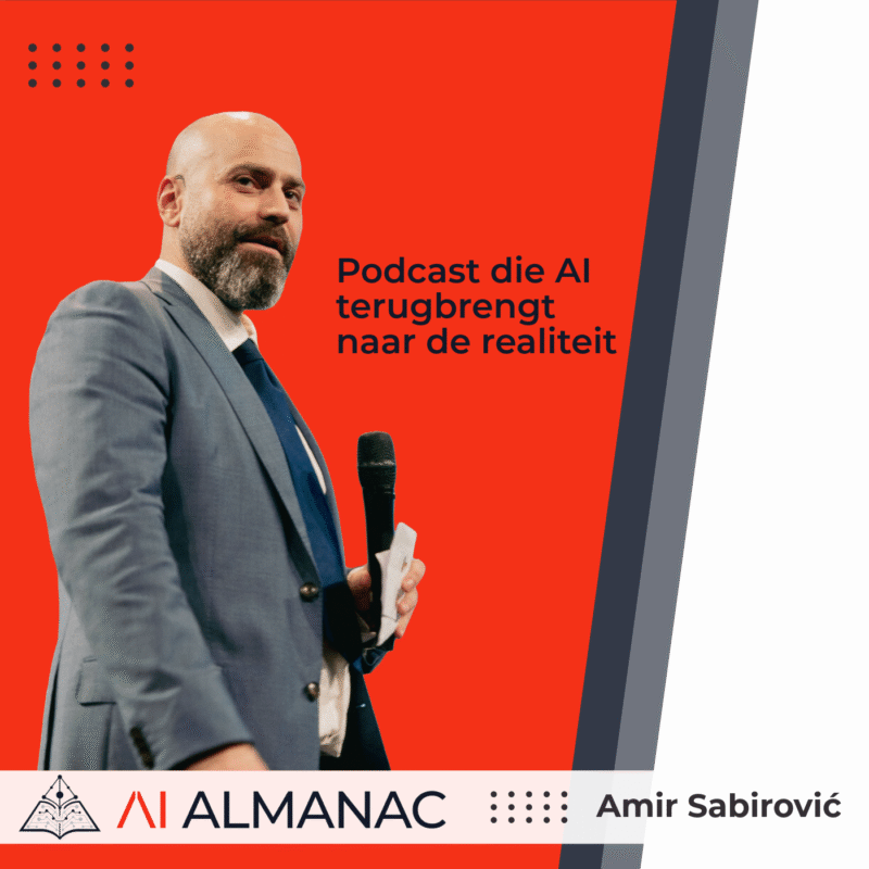 Artwork van Ai Almanac. Je ziet Amir op de afbeelding, hij heeft een baard, een grijs pak met blauwe stropdas en een microfoon in zijn hand. Onderaan staat de titel: AI Almanac. In het midden staat Podcast die AI terugbrengt naar de realiteit.