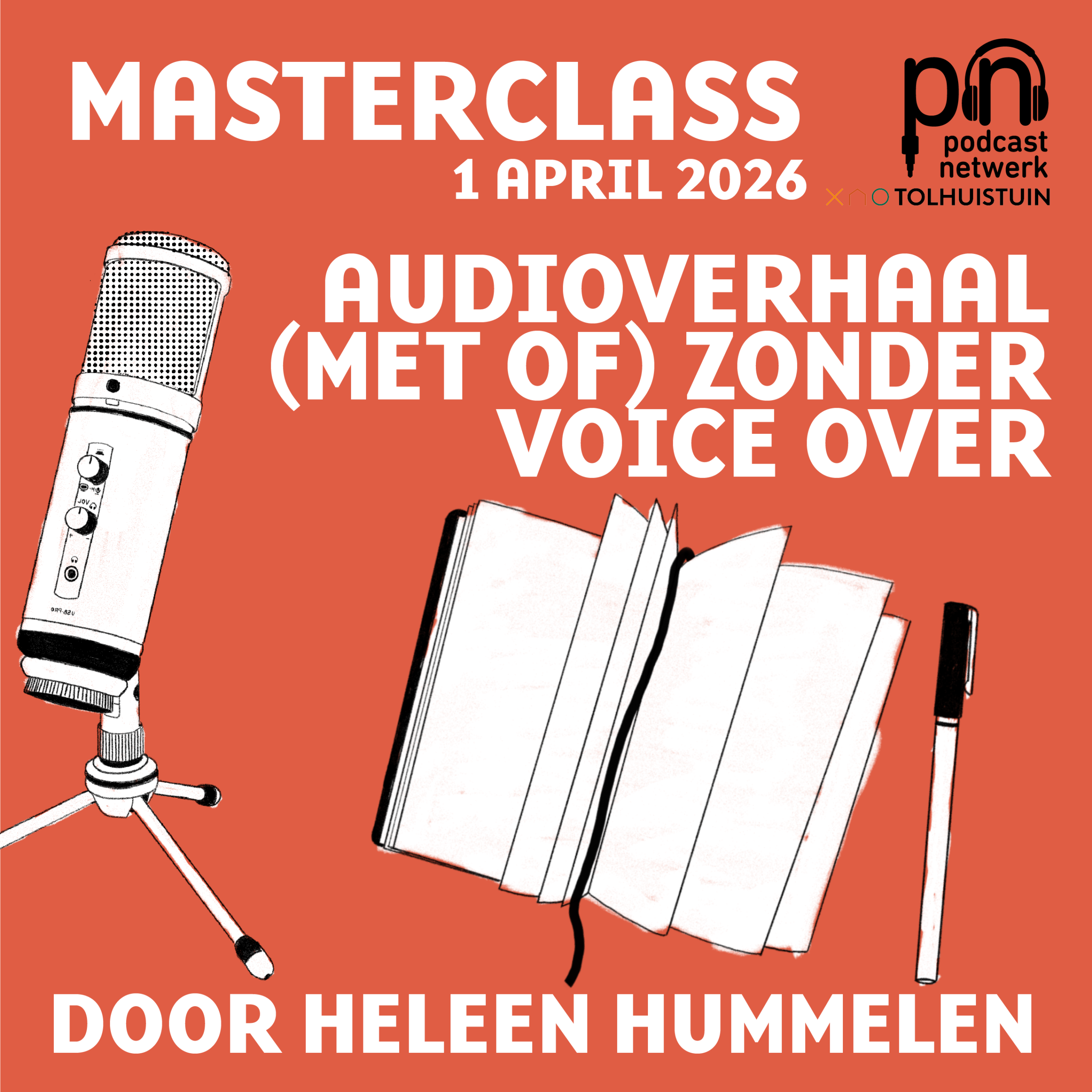 Artboard 46masterclas Microfoon en nomtitieboek. Met Tekst: Audioverhaal (met of zonder voice over)