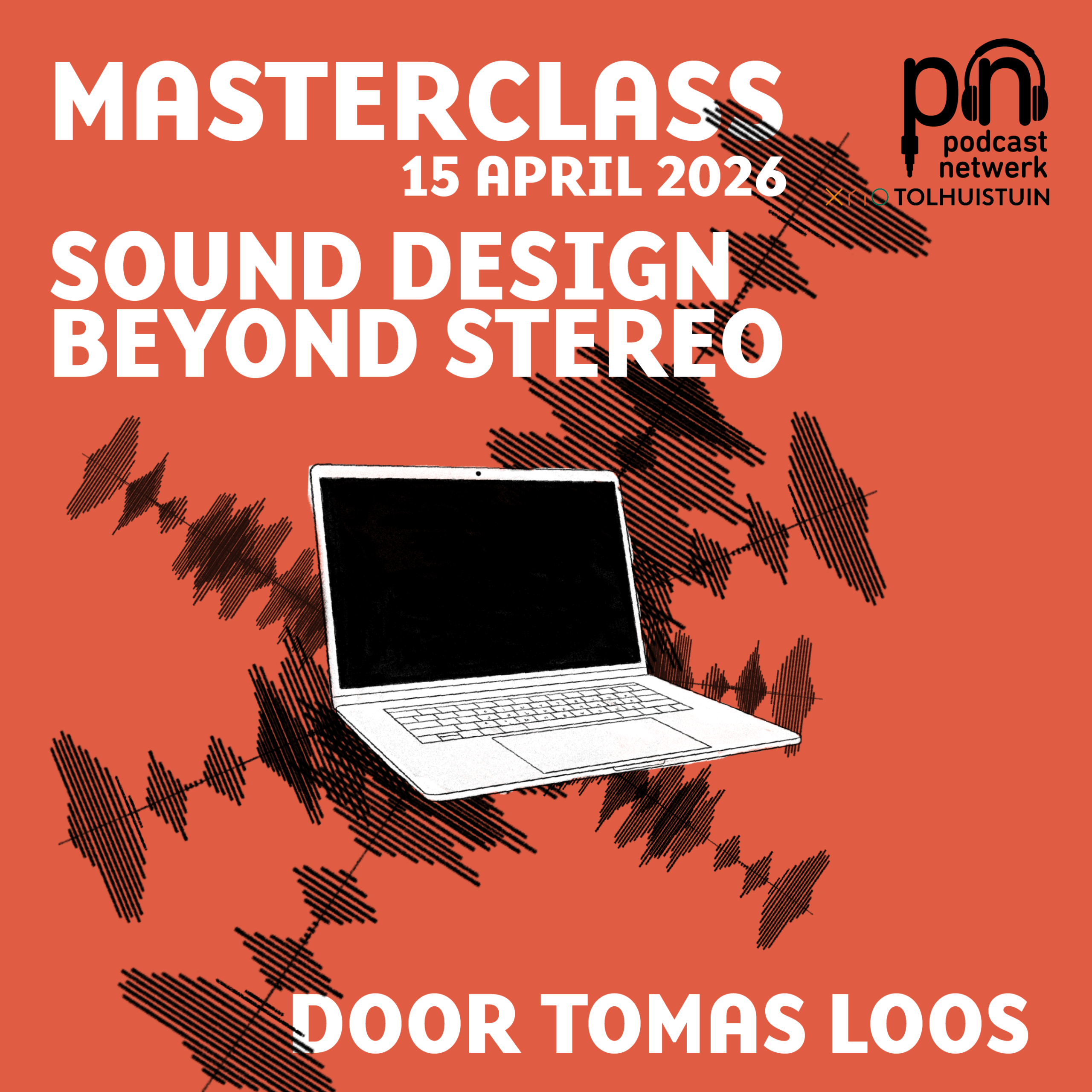 Artboard 47masterclas Laptop met audiogolven TEKST: Masterclass 15 april 2026 Sound design beyond stereo Door Tomas Loos