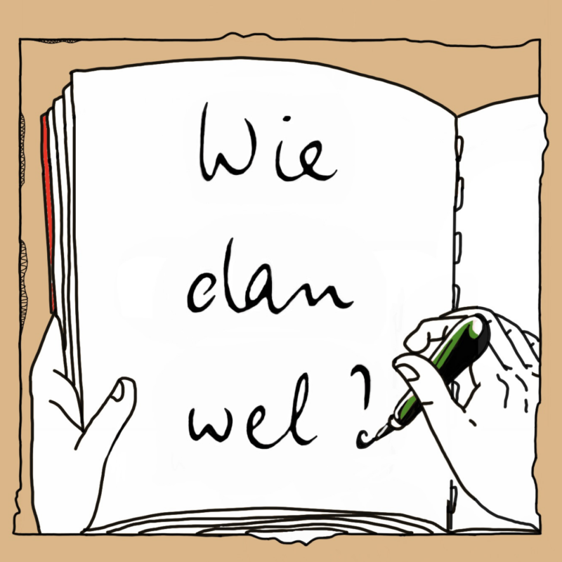 Een inllustratie van twee handen die een schrift vasthouden, de rechterhand schrijft 'Wie dan wel' met een pen op een pagina. De achtergrond is bruin. Illustratie door Lakku Platz