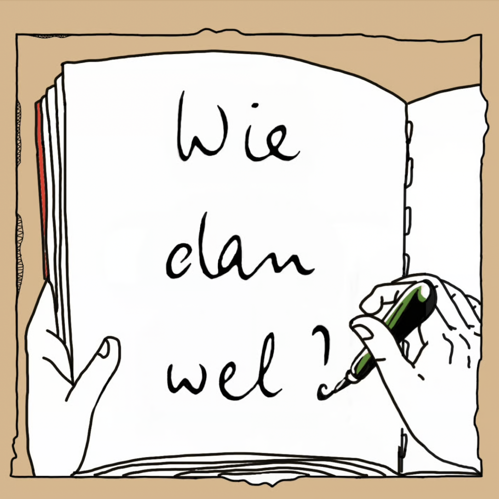 podcasttegel van getekend open boek met twee handen die schrijven: wie dan wel?
