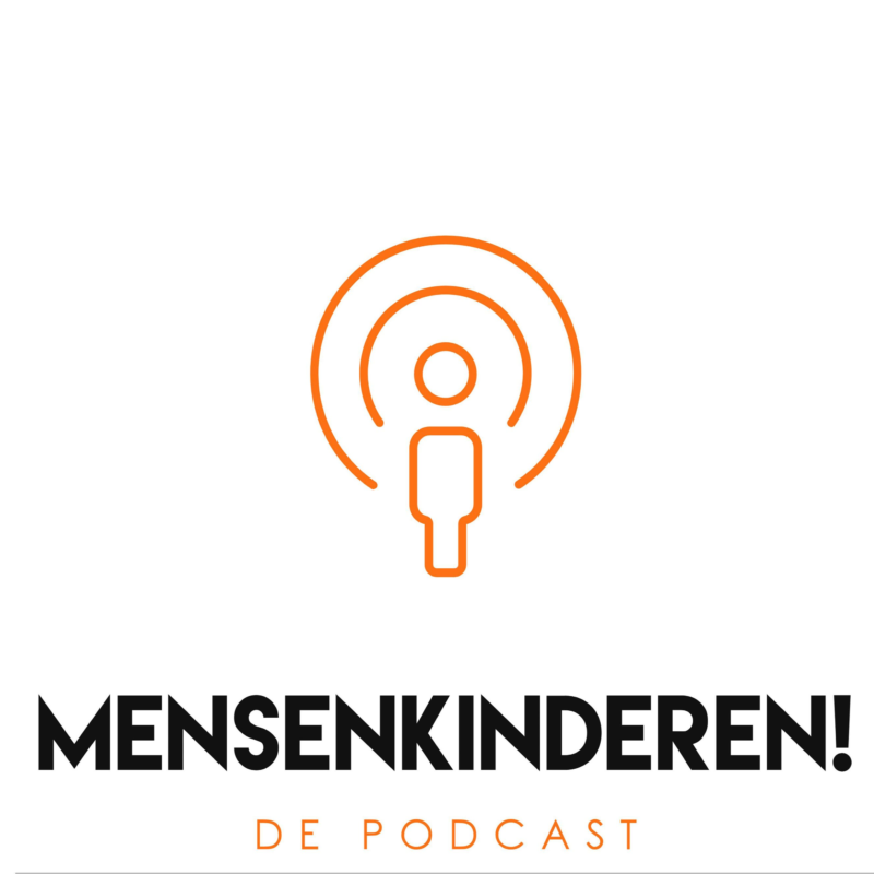 Podcastlogo van Mensenkinderen de podcast. Je ziet de titel in zwart en oranje. Het logo is een oranje mens met cirkels er omheen