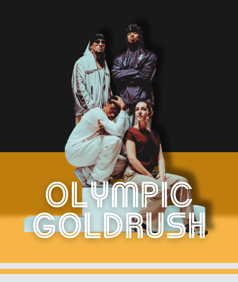 Podcast-artwork voor Olympic Goldrush, met een groepsportret van vier personen in streetwear en sportieve kleding, poserend op een podium tegen een zwart-gele achtergrond met de titel in witte, dubbellijnige letters.